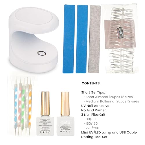 Allkem Soft Gel Full Cover Nail Tips and UV Glue Gel with Portable UV Light | 240 Pcs Short Stiletto & Medium Square Shape Soft Gel Nail Extension Set