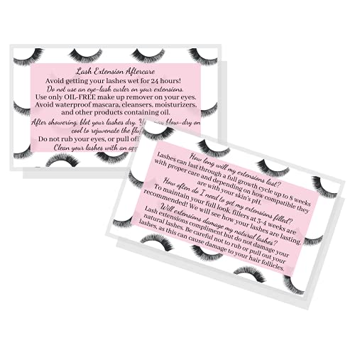 Lash Extension Aftercare Instructions Cards | Package of 50 | Eye Lashes with Pink Inlay Design Double Sided Size 3.5 x 2" inches After Care (3-4 Week Fillers)