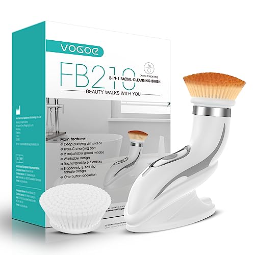 Facial Cleansing Brush-Spin Face Scrubber Exfoliator Rechargeable, 2-Speed Rotation, Electric Face Wash Brushes for Cleansing and Exfoliating, with 2 Brush Heads, Grey