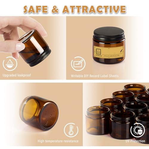 2 oz Glass Jars with Lids,Amber,12 Pack Empty Cosmetic Containers with Inner lids and Inner Liners,Black Metal Lid,Refillable Round Airtight Jars,Use to store Lotion,Powders,Candle Making