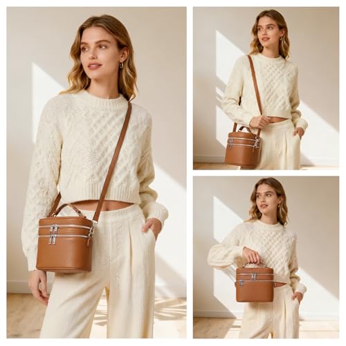 Leather Makeup Bag Organizer Double Layer Vanity Bag Large Capacity with Compartments and Handle Travel Portable Storage Crossbody Cosmetic Jewelry Case for Women. Brown