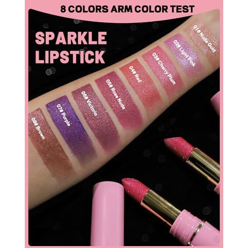 Metallic Nude Pink Glitter Lipstick Long Lasting,Glitter Lipstick Diamond Shimmer Lip Gloss for Women,Transfer Proof Non-Stick Lipgloss Highly Pigmented Full Coverage Red Lip Color Makeup Gift-02
