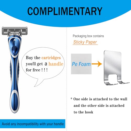 6-Blade Razor Refill Cartridges 12 Count, Professional Razor Blades for Men with Lubricating Strip, Wall Hook & Cleaning Brush Included for Smooth Shaving with Matching Handle