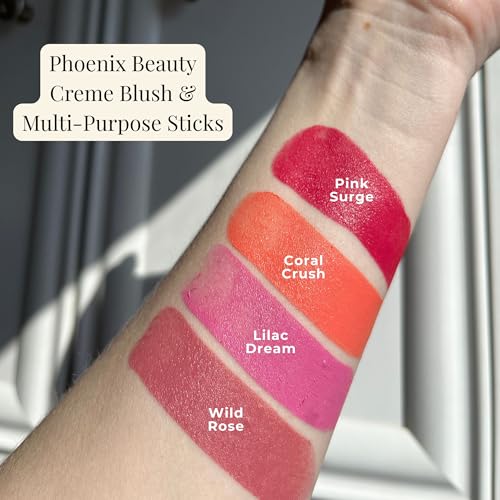 Cream Blush Stick by Phoenix Beauty ? 3-in-1 Cheek, Lip & Eye Color | High Pigment, Hydrating Formula with Shea Butter & Hyaluronic Acid | Multi-Use Makeup Stick for Dewy Skin (Wild Rose, Regular)