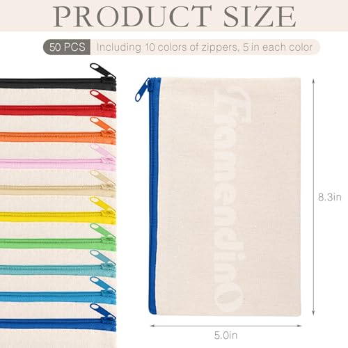 Framendino, 50 Pack Sublimation Blank Canvas Makeup Bags 8.3 x 5 Inch DIY Heat Transfer Cosmetic Pencil Pouches Travel Toiletry with Zipper for Crafts (10 Colors)