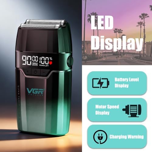 VGR 308 Electric Shavers for Men, Professional Double Foil Shaver 9000RPM Cordless Head Shaver with Titanium Foils, LED Display, USB Rechargeable Men's Electric Razor for Face & Beard, Green