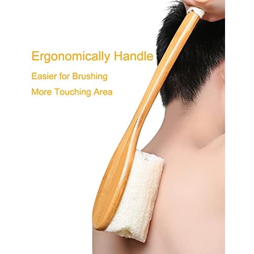 Leotruny 100% Natural Exfoliating Loofah with Long Wooden Handle Shower Back Brush (Off-White (2 Pack))