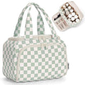 Narwey Checkered Travel Toiletry Bag for Women Large Makeup Bag, Wide-open Cosmetic Make Up Organizer with Handle, Travel Bag for Toiletries, Essentials, Accessories (Mint Green Checkerboard)