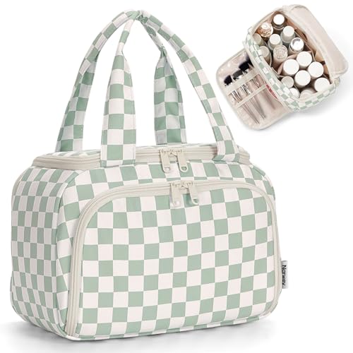 Narwey Checkered Travel Toiletry Bag for Women Large Makeup Bag, Wide-open Cosmetic Make Up Organizer with Handle, Travel Bag for Toiletries, Essentials, Accessories (Mint Green Checkerboard)