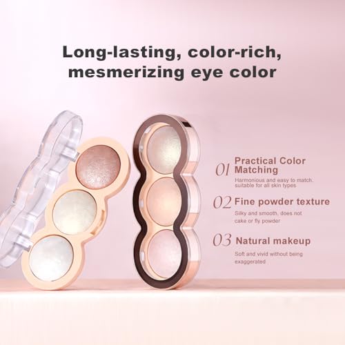 Baked Face Trio Palette,Highlighter Blush Contour &Eyeshadow All in One,Silky Smooth Blendable Powder,Natural Low Saturation Shades, Color-Rich Waterproof Long-Lasting Makeup Palette for Daily Use-B02