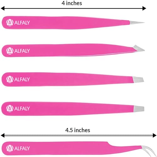 Tweezers Set - Professional Stainless Steel 5-Piece Precision Tweezer for Men & Women - Great for Facial Hair Removal, Eyebrow Shaping, Splinters & Ingrown (Pink)