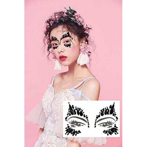 Mermaid Face Jewels - 4-Sheet Black Festival Sticker, Body Rhinestone Gems Rave Rainbow Face Crystals for Halloween, Music Carnival Festival Party Makeup