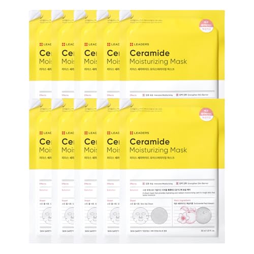 LEADERS Insolution Ceramide Moisturizing Mask - Hydrates, Moisturizes, Nourishes Rough & Dry Skin | Strengthens Skin Barrier, Easy Peel Pouch, Safe & Gentle for All Skin Types - 10 Sheets
