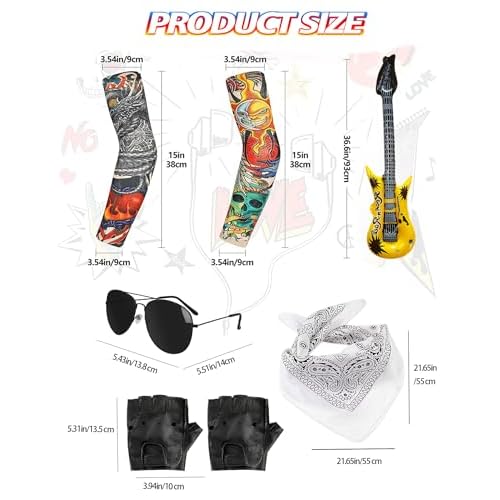 80s Costumes for Men Black Rocker Wig with Bandana Sunglasses Punk Gloves Sleeves for 70s Hippie Party Accessories