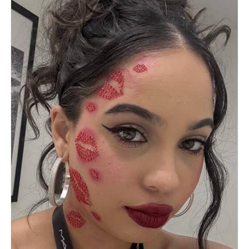 NOOEPC Red Face Gems Self-Adhesive Face Jewels, Red Face Glitter Lip Hair Gems, Festival Kiss Stickers, Face Rhinestone Stickers for Makeup, Eye, Hair, Body, Rave Accessories