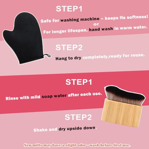 Self Tanning Mitt and Kabuki Brush 2 in 1 Set Double Sided Velvet Glove with Non Slip Grip and Ergonomic Applicator for Streak Free Sunless Tan Body Face