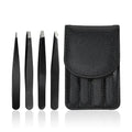 Tweezers Set with Travel Case for Ingrown Hair - Professional Stainless Steel Tweezers for Eyebrows - Best Precision for Facial Hair for Women & Men, Splinter 4-Piece Set Hair Removal (Black)