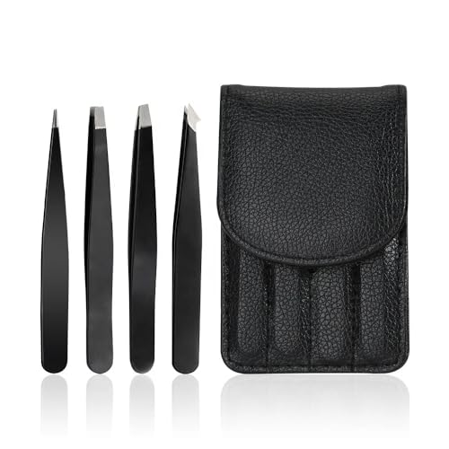 Tweezers Set with Travel Case for Ingrown Hair - Professional Stainless Steel Tweezers for Eyebrows - Best Precision for Facial Hair for Women & Men, Splinter 4-Piece Set Hair Removal (Black)