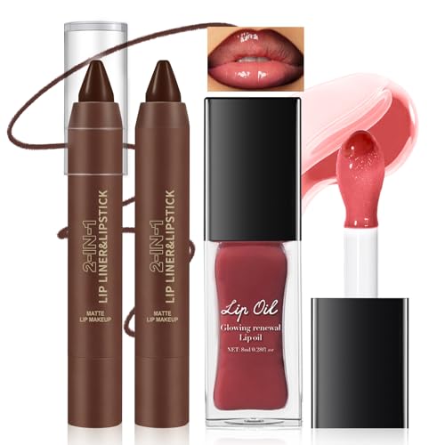 Nourishing Glowing Lip Oil with 2 in 1 Ombre Lip Liner Lipstick Set, Moisturizing High Shine Renewal Lip Gloss for Women, Smooth Long Wear Plumping Rose Pink Lip Tint Lip Crayon Combo Makeup