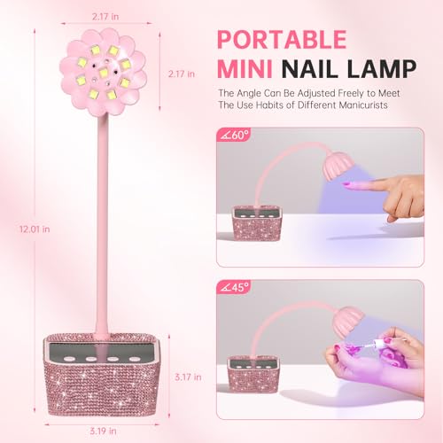 UV Nail Lamp, Mini UV Light for Gel Nails Polish, Rechargeable Nail Dryer with 4 Timers, Quick Drying Cordless Goosenecks Home Nail Salon DIY Manicure Pink Diamond