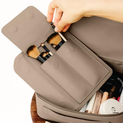 MELINE Leather Makeup Bag with Brush Holder,Travel Cosmetic Case for Women,Large Capacity Waterproof Toiletry Bag with Handle,Stylish and Durable Makeup Organizer (Taupe)