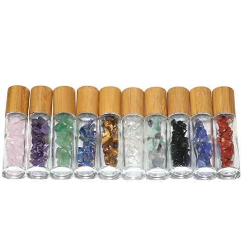 10ml Roll On Bottle For Essential Oils,10 Pack Clear Glass Roller Bottles With Natural Crystal Gemstone Roller Balls Top,Bamboo Lid,Thick Glass Essential Oil Bottles-Healing Crystal Chips Inside