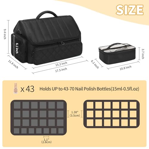 Nail Polish Organizer, Nail Organizers and Storage Bag Holds 43-65 Bottles Nail Polish and Nail Lamp, Travel Nail Tech Case Nail Bag Organizer Case for Nail Supplies & Manicure Tools, Black