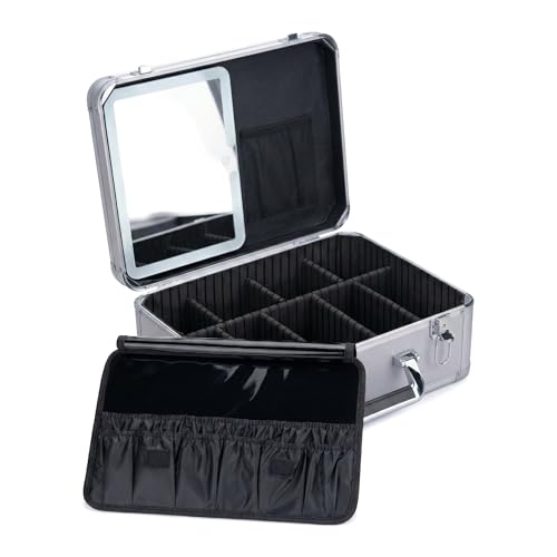 CHENGLIN Makeup Case with Lighted Mirror ? Waterproof Travel Train Case, Cosmetic Organizer with Adjustable Dividers, Magnetic LED Mirror, Portable Makeup Suitcase for Women (Silver)
