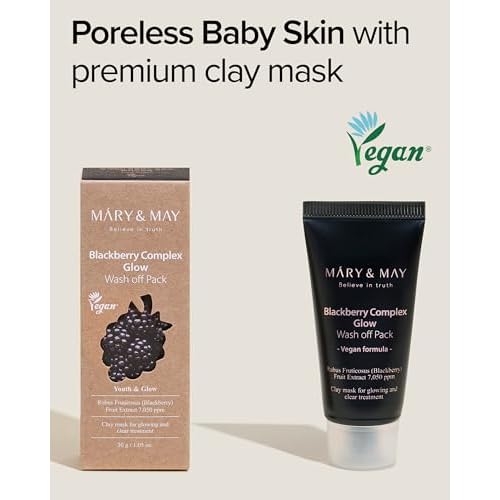 Mary&May Vegan Blackberry Complex Glow Wash Off Mask - Blackhead Care, Pore Clearing, Anti Aging Clay Mask - Bright and Glow Skin - Korean Skincare, 1.01oz.
