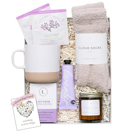 Unboxme Lavender Spa Gift Basket for Women - USA Made Self Care Package with Aromatherapy Candle, Bath Bomb, Tea & Mug - Relaxation Gifts for Birthday, Get Well, Sympathy, Thank You