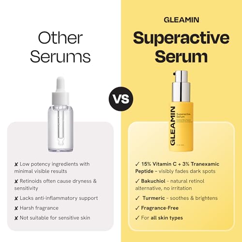Gleamin Superactive Vitamin C Serum for Face - 15% Vitamin C with Niacinamide, Bakuchiol & Hyaluronic Acid - Brightening Facial Treatment for Uneven Tone, Dark Spots & Radiant Glow - 1 fl oz