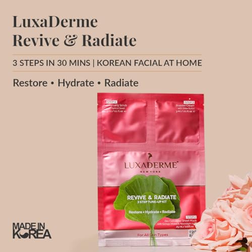 LuxaDerme Revive & Radiate 3 Step Tune-Up Kit - Cleansing Scrub, Bio Cellulose Sheet Mask, Booster Cream (Pack of 5)