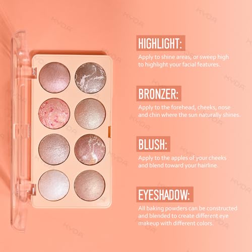 KYDA 8 Colors Baked Powder Palette, Mulitiuse Baked Powder for Eyeshadow Highlighter Contour, Lightweight Blendable, Buildable Glossy Color, Golden Luster