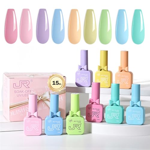 JR 9pcs 15ml Summer Color Gel Nail Polish Set Including Red Pink Nude Gel Polish Kit UV LED Soak Off Polish Home DIY Gift D