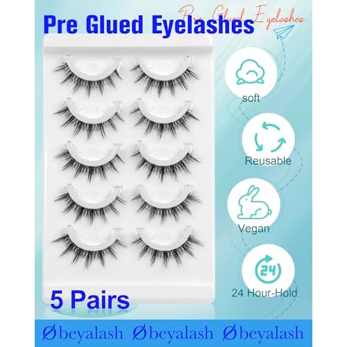 Obeyalash Self Adhesive Eyelashes Manga Look, Black Band & Black Adhesive, Waterproof Press on False Lashes,5 Pairs Natural Look Stick on False Eyelashes, Wispy Glueless Lashes with Tweezers (6D30)