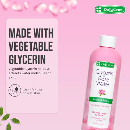 De La Cruz Rose Water and Glycerin for Face - Rosewater Facial Toner and Moisturizer for Skin and Hair 8 fl oz (236 mL) - 12 Bottles