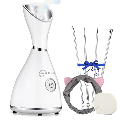 Nano Ionic Face Steamer - Warm Mist Humidifier for Deep Facial Cleansing - 4 Piece Stainless Steel Skin Kit, Hair Band, Wash Face Sponge