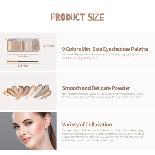 9 Colors Matte Eyeshadow Palette, High Pigmented Natural Nude Eye Shadow Makeup Palette Ultra-Blendable, Long Lasting Eyeshadow Pallete with 3 Eyeshadow Brush for Women