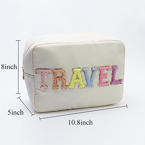 Extral Large Cosmetic Bag Makeup Pouch Bag Case Nylon With Chenille Letter Patches (Beige#TRAVEL, XL)