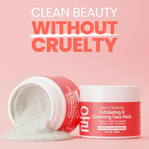 SeoulCeuticals Korean Face Scrub - Exfoliating Face Mask Skincare K Beauty Mask for Glass Skin - Kaolin Clay + Charcoal Cream Exfoliant Mask 2oz