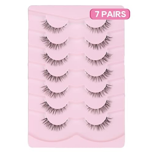 Jiocolor Cat Eye Lashes Wispy Fake Lashes C Curl Strip Lashes Natural Look Short Eyelashes Clear Band False Eyelashes 7 Pairs Pack ZT20