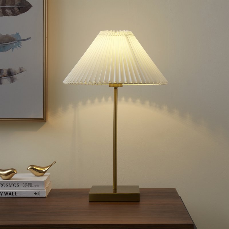 Gold-Toned Brass Table Lamp with Pleated Shade - Modern Indoor Lighting