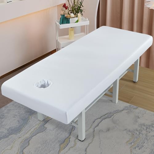 Premium Reusable Massage Table Sheets Bed Cover 75 x 31.5 Inches with Face Hole, Fitted Table for Master Massage, Mat for Esthetician, Waterproof, Oilproof, Machine Washable (White, 75 x 31.5 Inches)