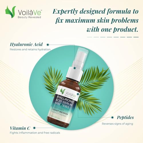 VoilaVe Hyaluronic Acid Serum for Face - 100% Pure, Hydrating & Anti-Aging Formula with Collagen Peptides - Plumps, Moisturizes, Reduces Wrinkles & Dark Spots - Non-Greasy, Paraben-Free, 1 fl. oz