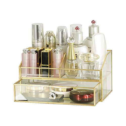 YUEHUA Glass Makeup Organizer, Clear Makeup Brush Organizer Jewelry Display Box, Gold Makeup Nail Polish Lipsticks Eyeliners Holder Organizer for Vanity Bathroom Office