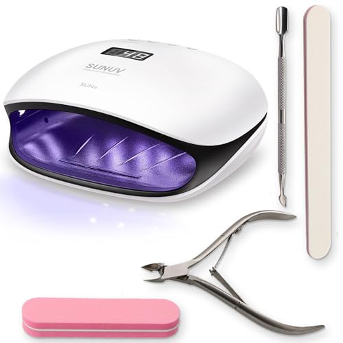 SUNUV UV LED Nail Lamp with 4PCS Cuticle Nippers, Cuticle Pusher with Nail File and Buffer Set, Professional Stainless Steel Durable Pedicure Manicure Nail Care Tools
