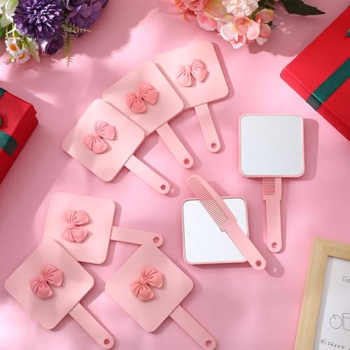 Amyhill 24pcs Coquette Pink Bow Party Favor, Handheld Mirror Bulk for Women Birthday Bridal Shower Graduation, Pocket Small Mini Hand Held Extendable Mirrors for Bag