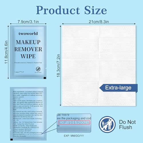 Twoworld Makeup Remover Wipes Bulk Individually Wrapped,Travel Makeup Wipes Gentle for Face Cleansing Mascara Lipstick Travel Hotel(Cucumber,Pack of 50)