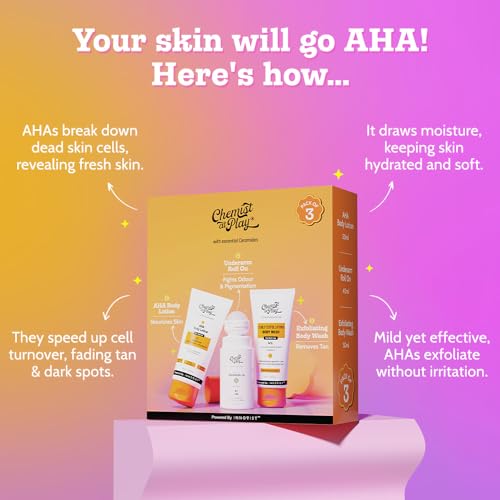 Chemist at Play Exfoliating Kit | Exfoliating Body Wash Removes Tan | Underarm Roll On Fights Odour & Brightens Underarm | AHA Body Lotion Nourishes Skin