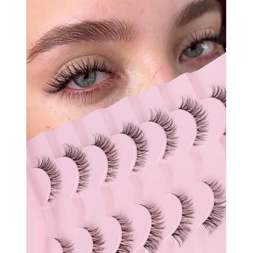 Jiocolor Cat Eye Lashes Wispy Fake Lashes C Curl Strip Lashes Natural Look Short Eyelashes Clear Band False Eyelashes 7 Pairs Pack ZT20